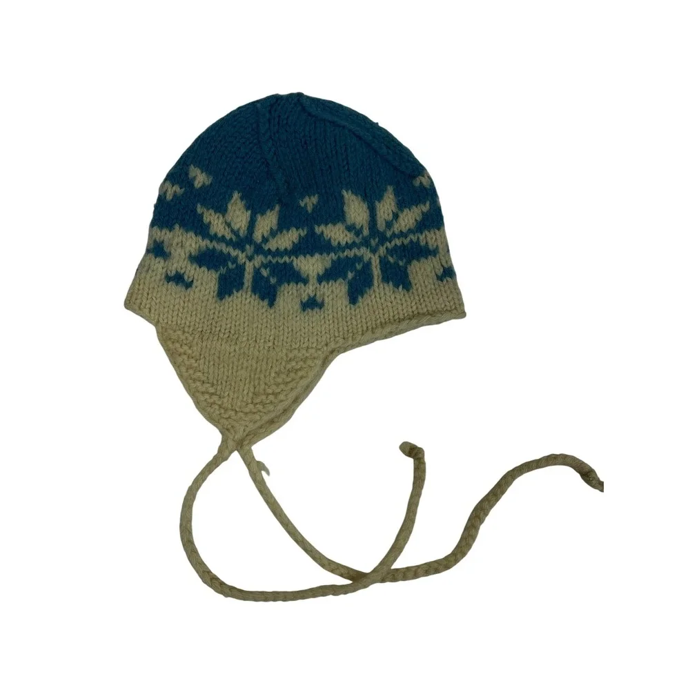 Vintage Handknit Kids Blue Cream Snowflake‎ Knit Trapper Wool Hat with Ties